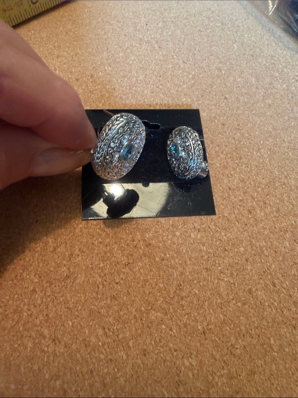 Silver Filigree Round safety catch pierced Earrings with Blue Center Stone